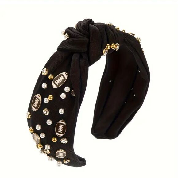 FOOTBALL SPIRIT WIDE BLACK JEWELED HEADBAND - Picture 8 of 9